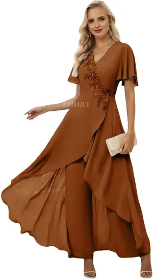 2 Pieces Mother of The Bride Pant Suits for Women Dressy Lace Appliques Chiffon Outfit Formal Jumpsuits Sets