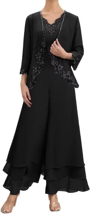 2 Pieces Mother of The Bride Pant Suits Long Sleeve Chiffon Lace Appliques Outfit Set Wedding Guest Dress with Jacket