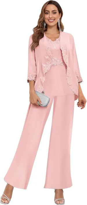 3 Piece Mother of The Bride Pant Suits for Women Dressy Wedding Chiffon Beaded Formal Evening Party Pantsuit