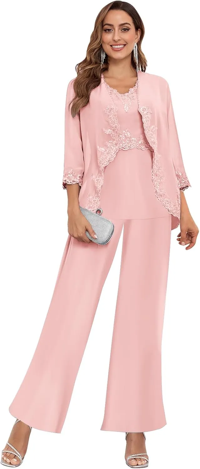 3 Piece Mother of The Bride Pant Suits for Women Dressy Wedding Chiffon Beaded Formal Evening Party Pantsuit