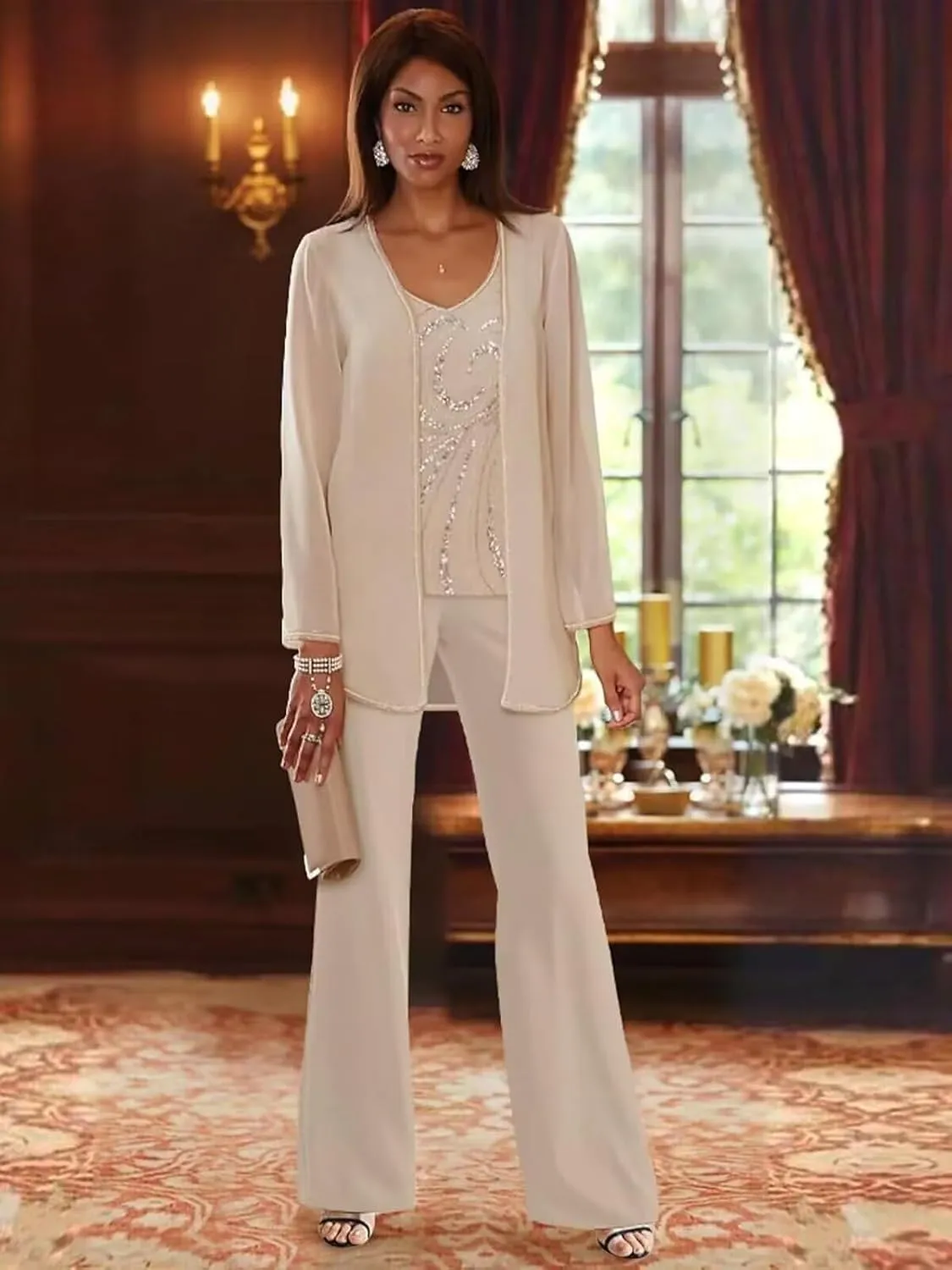 3 Pieces Chiffon Mother of The Bride Pant Suits for Wedding Sequin Wedding Guest Outfit for Women with Jacket