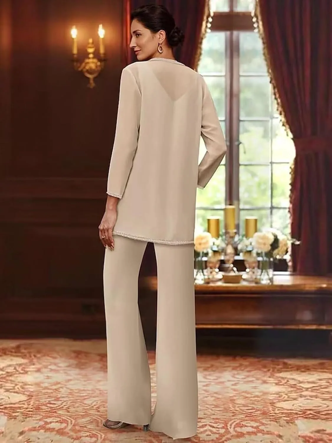 3 Pieces Chiffon Mother of The Bride Pant Suits for Wedding Sequin Wedding Guest Outfit for Women with Jacket
