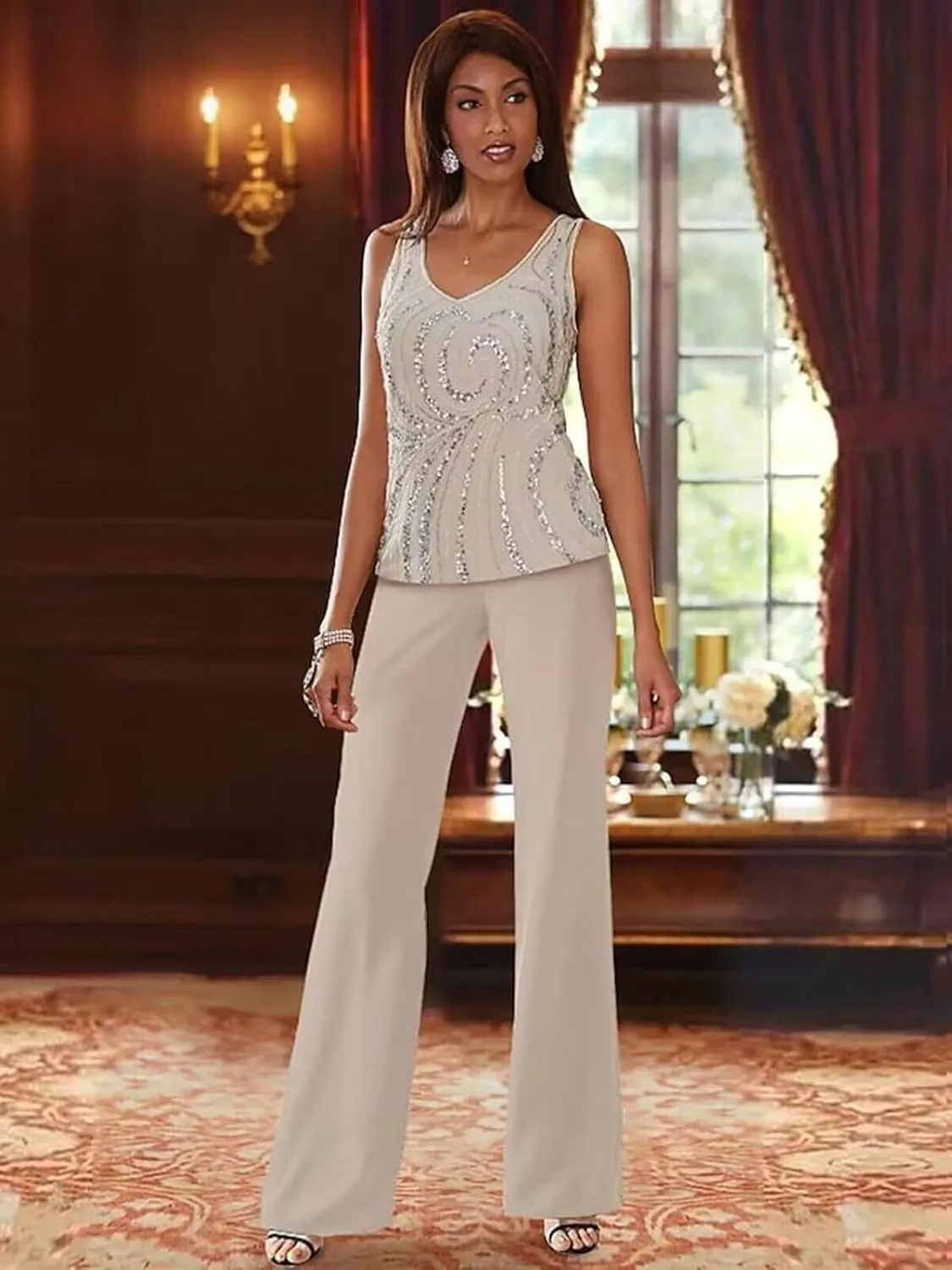 3 Pieces Chiffon Mother of The Bride Pant Suits for Wedding Sequin Wedding Guest Outfit for Women with Jacket
