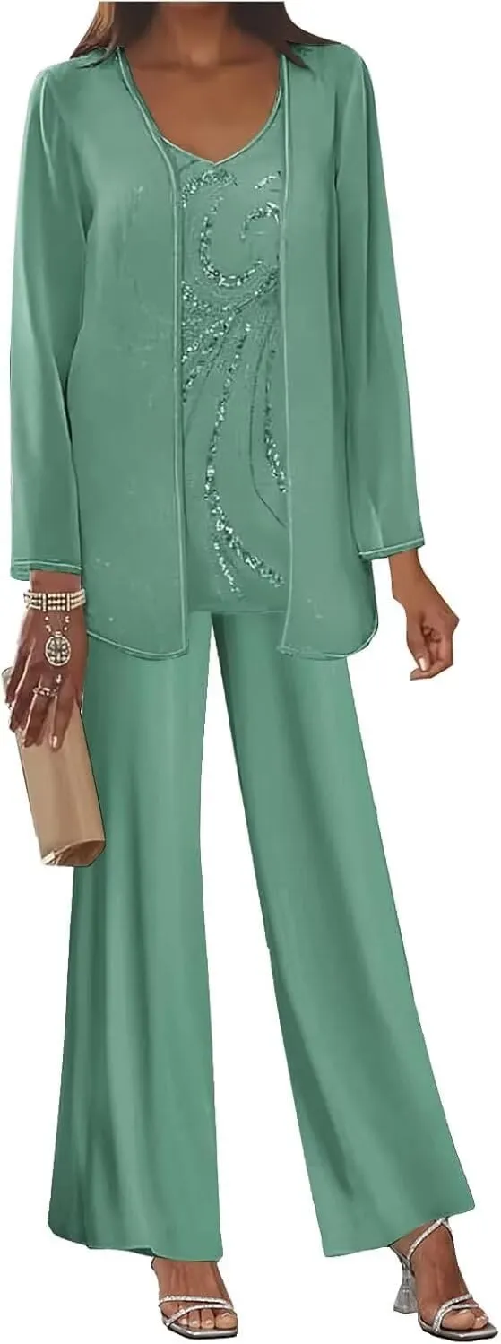 3 Pieces Chiffon Mother of The Bride Pant Suits for Wedding Sequin Wedding Guest Outfit for Women with Jacket