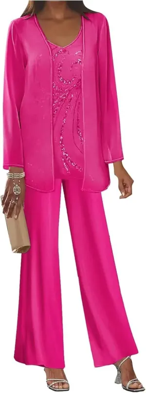 3 Pieces Chiffon Mother of The Bride Pant Suits for Wedding Sequin Wedding Guest Outfit for Women with Jacket