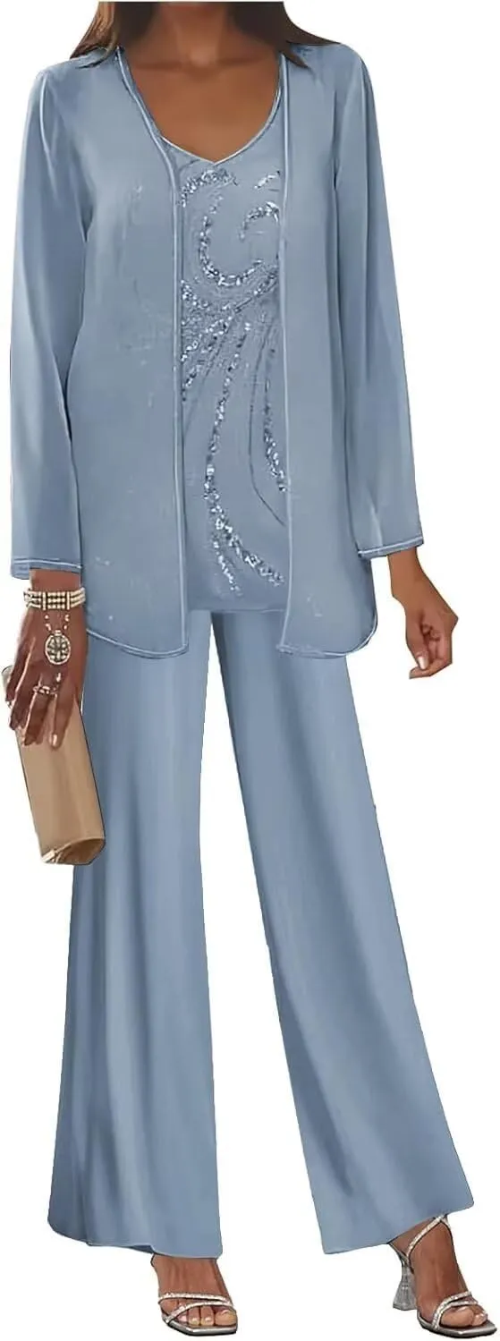 3 Pieces Chiffon Mother of The Bride Pant Suits for Wedding Sequin Wedding Guest Outfit for Women with Jacket