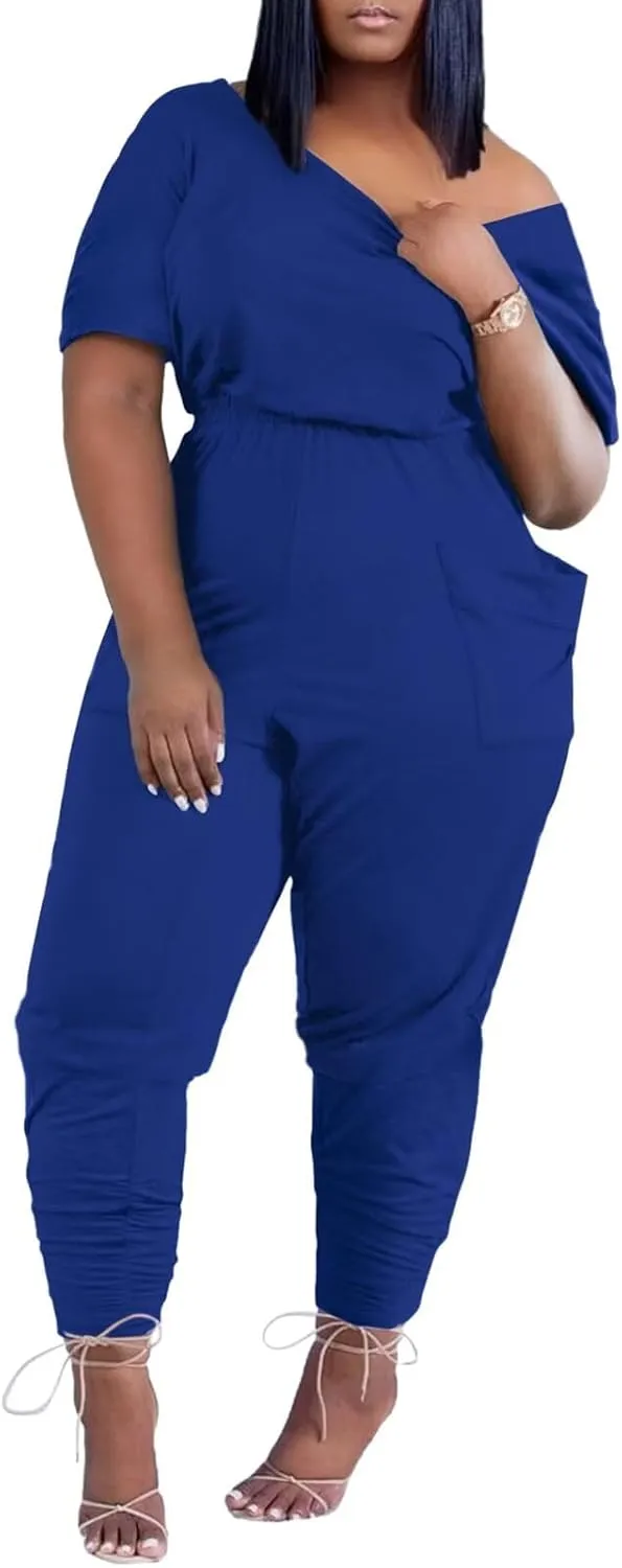 acelyn Casual One Piece Loose Jumpsuit for Women Summer Plus Size Overalls Off Shoulder Pockets Romper