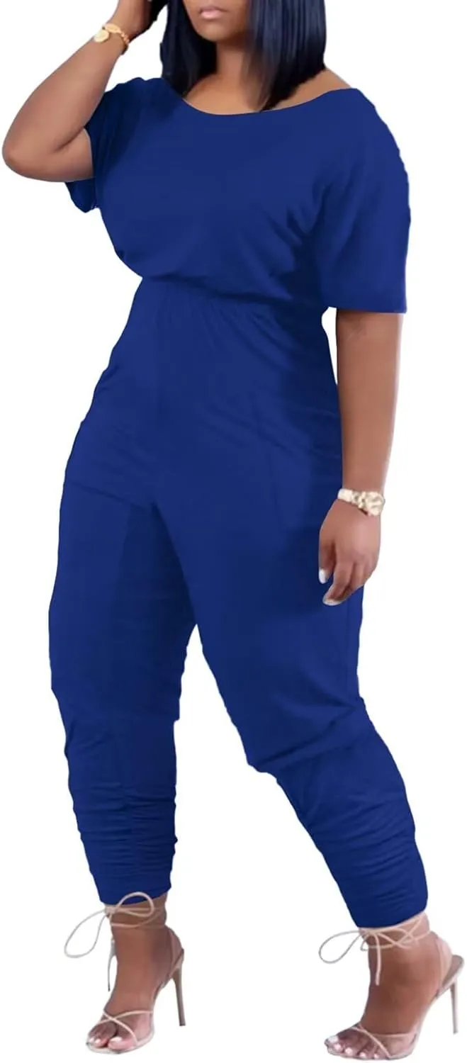 acelyn Casual One Piece Loose Jumpsuit for Women Summer Plus Size Overalls Off Shoulder Pockets Romper
