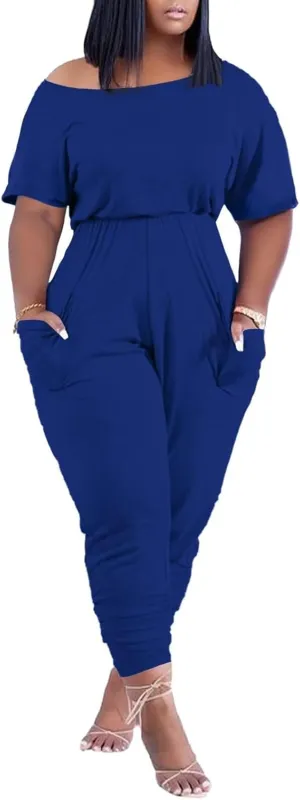 acelyn Casual One Piece Loose Jumpsuit for Women Summer Plus Size Overalls Off Shoulder Pockets Romper