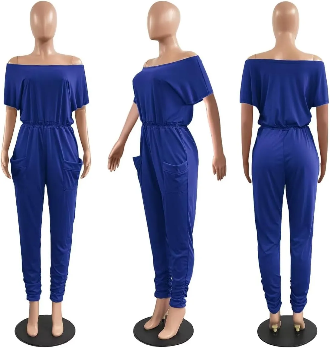 acelyn Casual One Piece Loose Jumpsuit for Women Summer Plus Size Overalls Off Shoulder Pockets Romper