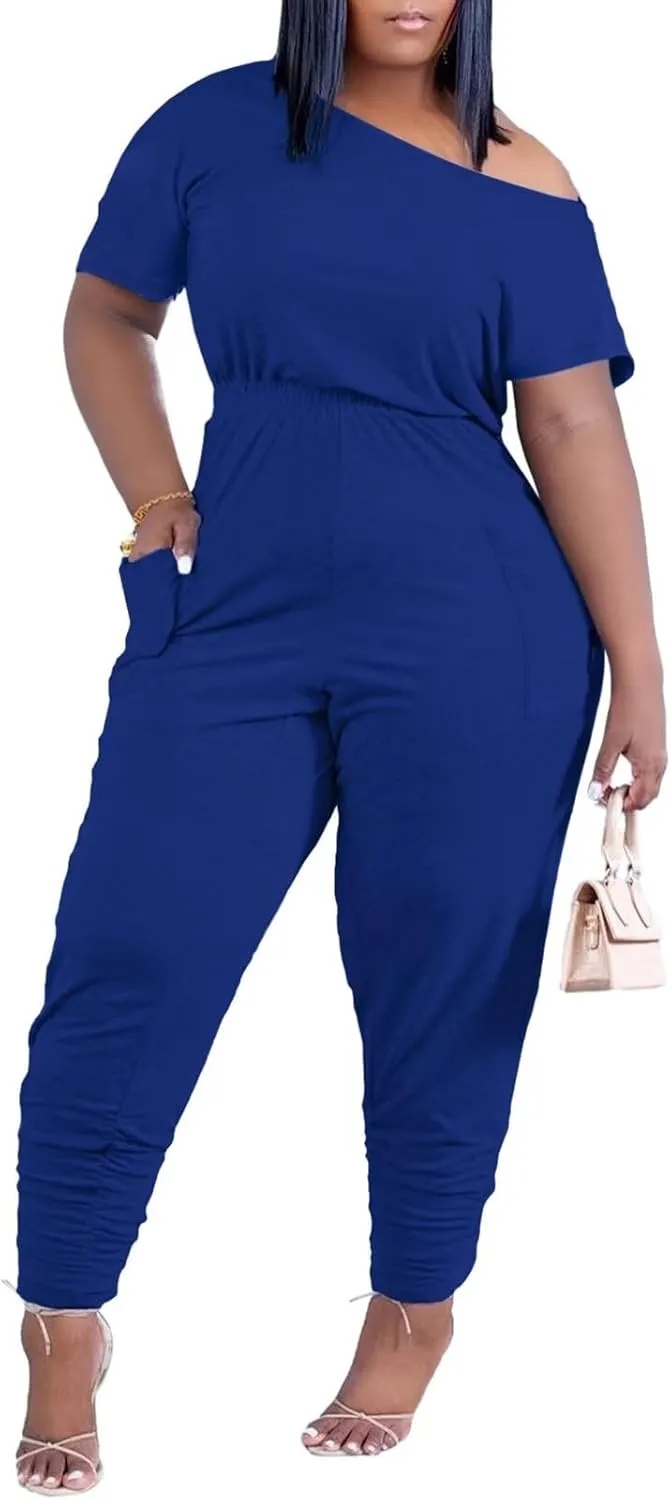 acelyn Casual One Piece Loose Jumpsuit for Women Summer Plus Size Overalls Off Shoulder Pockets Romper