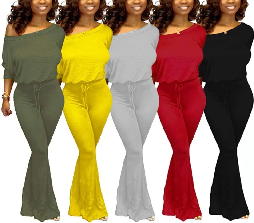 Aro Lora Women's Sexy One Shoulder Slit Sleeve High Waist One Piece Pant Outfit Wide Leg Jumpsuit Romper