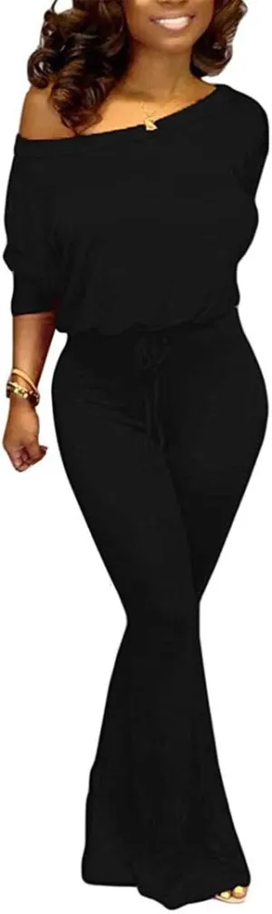 Aro Lora Women's Sexy One Shoulder Slit Sleeve High Waist One Piece Pant Outfit Wide Leg Jumpsuit Romper