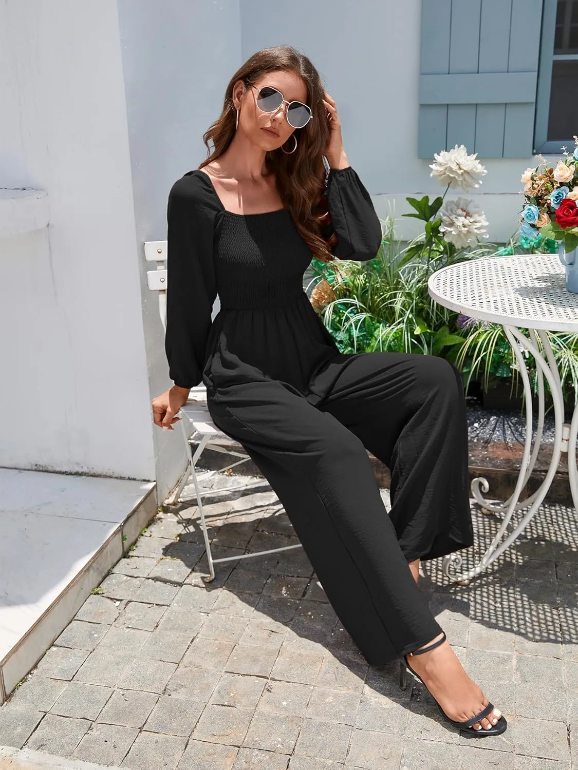 AUXDIO Womens Casual Square Neck Long Sleeve Jumpsuits Loose Smocked Wide Leg Romper with Pockets