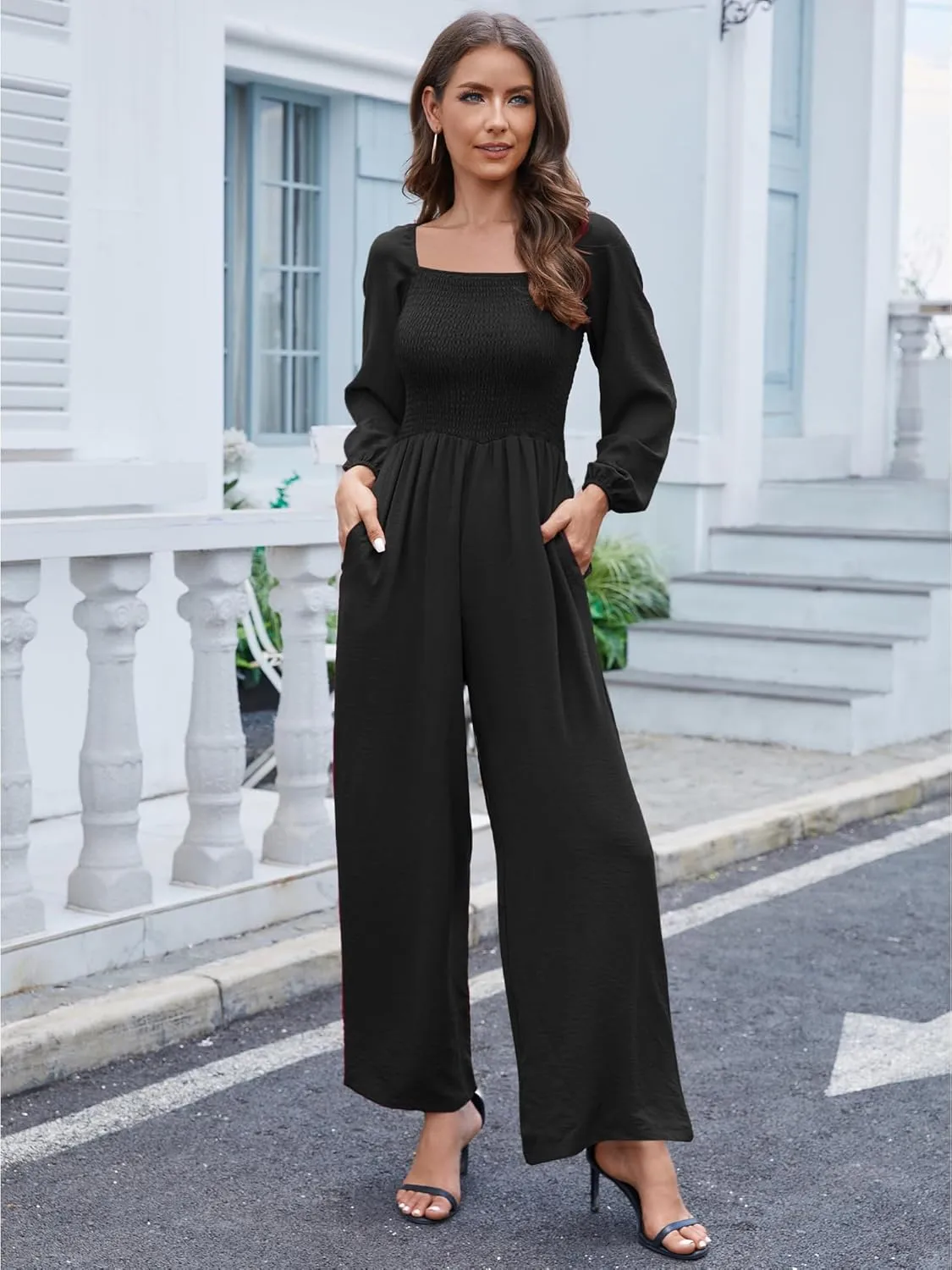 AUXDIO Womens Casual Square Neck Long Sleeve Jumpsuits Loose Smocked Wide Leg Romper with Pockets