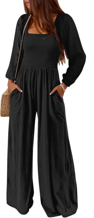 AUXDIO Womens Casual Square Neck Long Sleeve Jumpsuits Loose Smocked Wide Leg Romper with Pockets