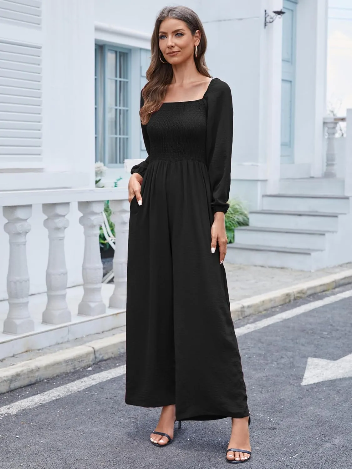 AUXDIO Womens Casual Square Neck Long Sleeve Jumpsuits Loose Smocked Wide Leg Romper with Pockets
