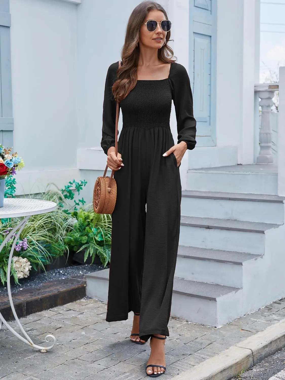 AUXDIO Womens Casual Square Neck Long Sleeve Jumpsuits Loose Smocked Wide Leg Romper with Pockets
