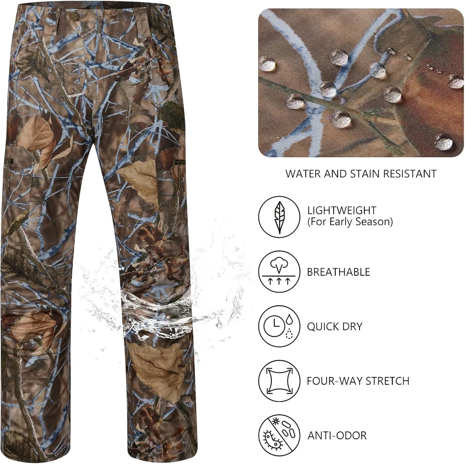 BASSDASH Mens Lightweight Hunting Pants 4-Way Stretch Breathable Water Resistant for Turkey Early Season Spring Summer