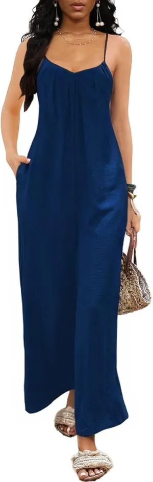 Bdwinz Womens Casual Sleeveless Strap Loose Jumpsuits Long Wide Pants One Piece Romper with Pockets