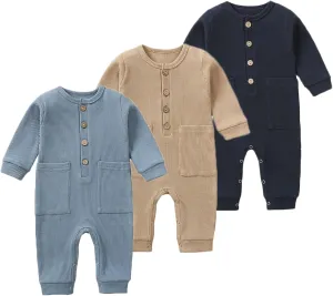 BeiVSlley Newborn Baby Boy Girl 2 Pack Button Solid Romper Infant Long sleeve Knit Cotton Footless Outfits Clothes