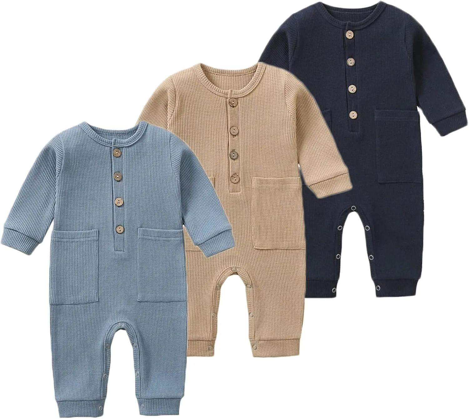 BeiVSlley Newborn Baby Boy Girl 2 Pack Button Solid Romper Infant Long sleeve Knit Cotton Footless Outfits Clothes