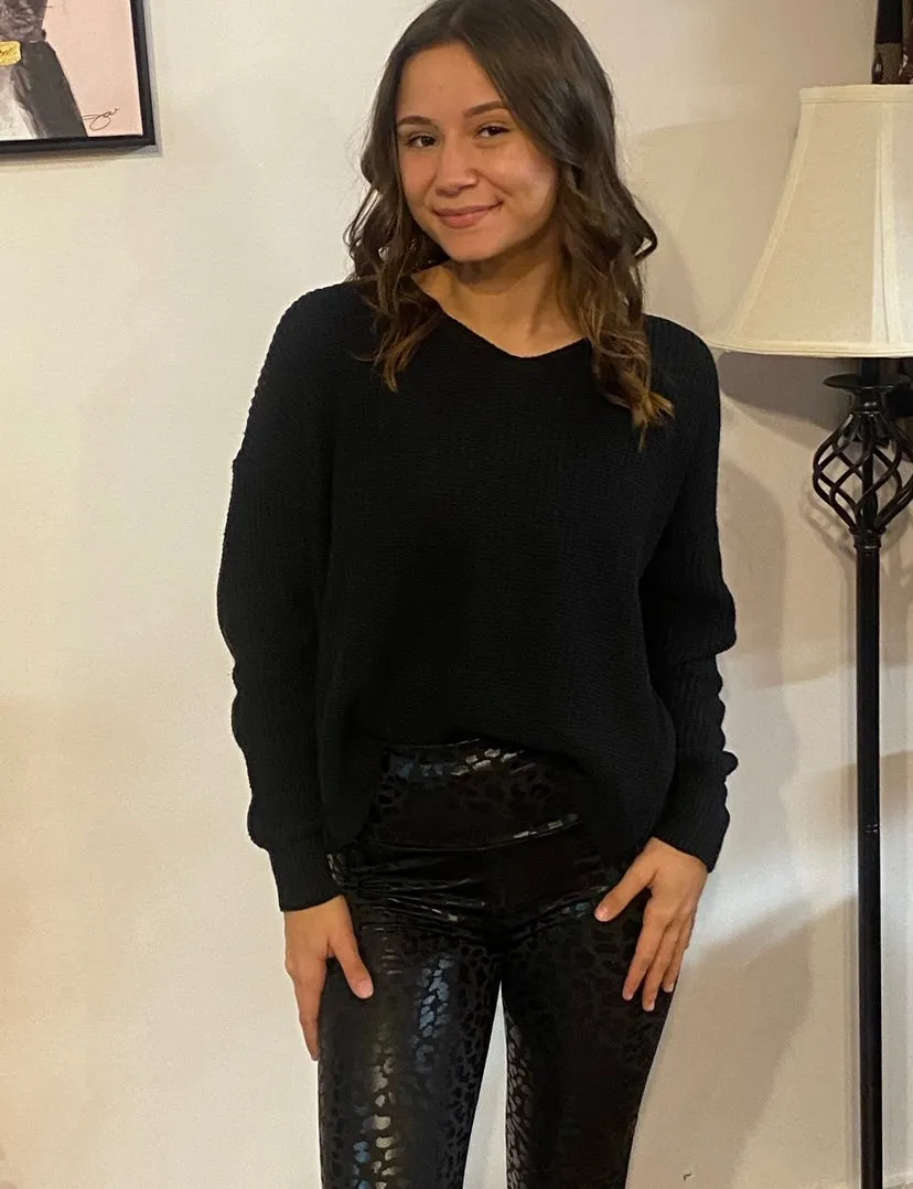 Black Twist Open Back Loose Fit V Neck Long Sleeve Cozy Sweater