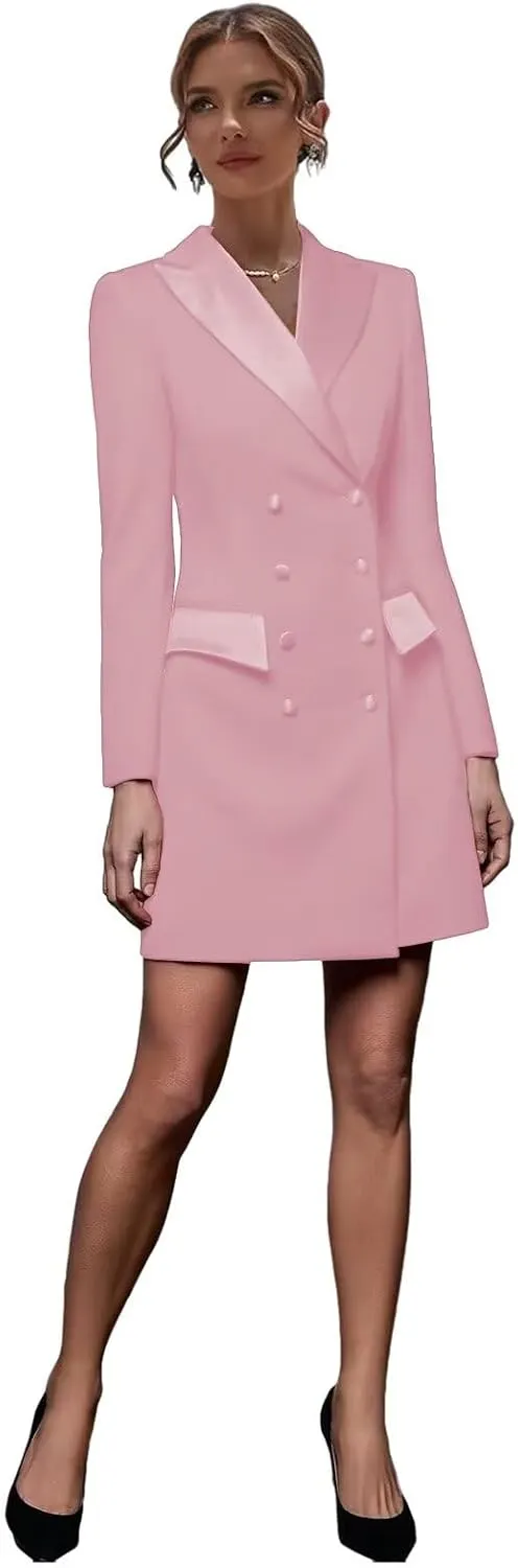 Blazer Dress for Women Double Breasted Peak Lapel Bodycon Women's Casual Long Sleeve Solid Suit Skirt for Business