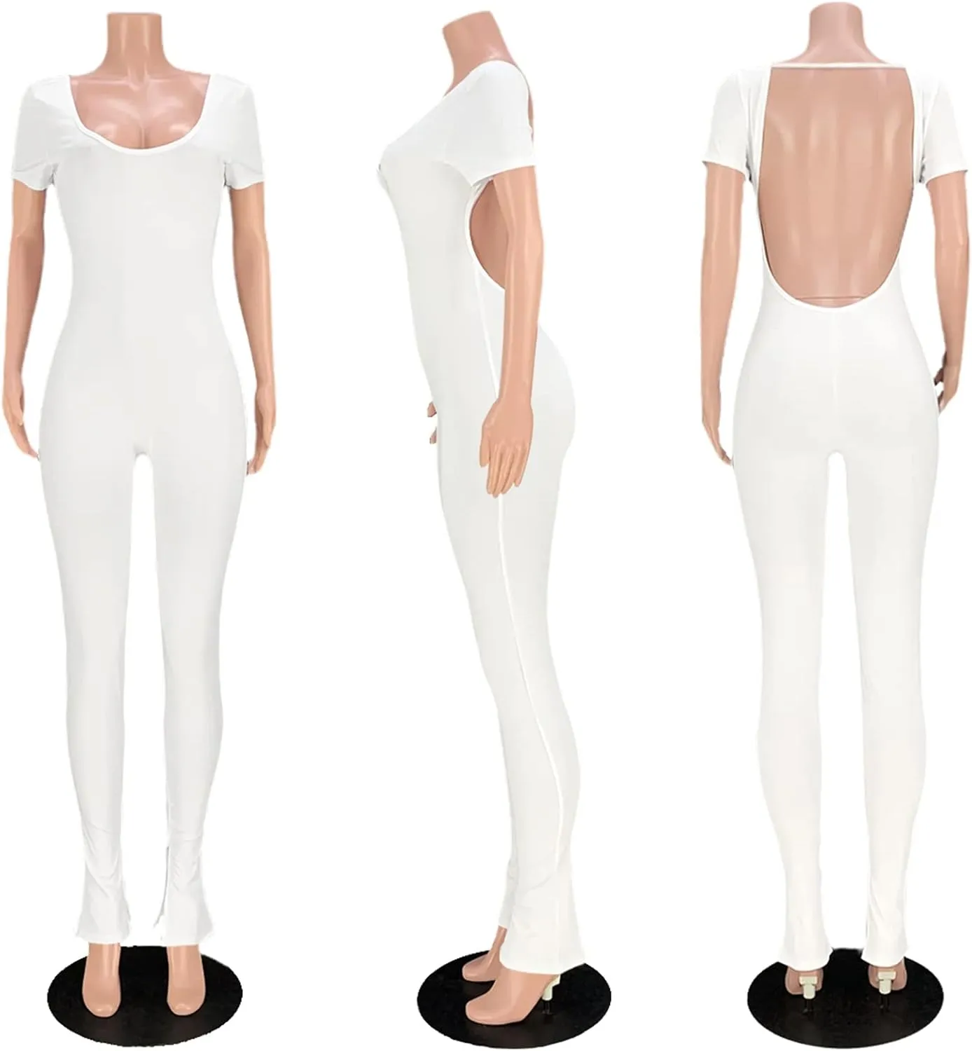 Bodycon Jumpsuits for Women Sexy Backless Short Sleeve High Waisted One Piece Outfits Skinny Catsuits