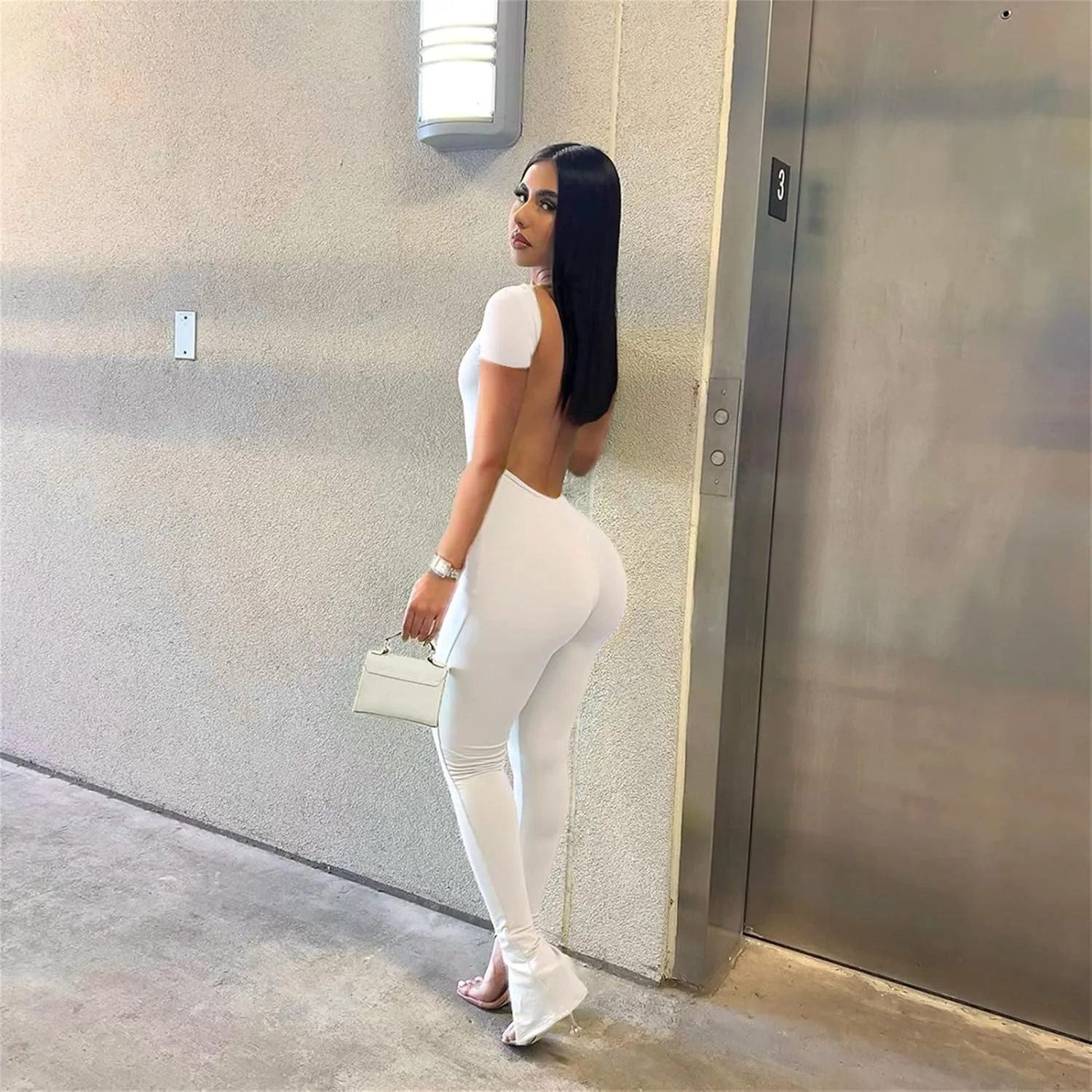 Bodycon Jumpsuits for Women Sexy Backless Short Sleeve High Waisted One Piece Outfits Skinny Catsuits