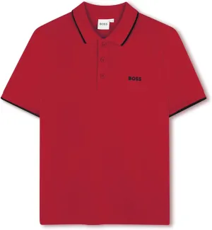 BOSS Boys Short Sleeve Knit Polo Shirt, Soft and Breathable, School Uniform with Striped Collar, Red, 4 Years