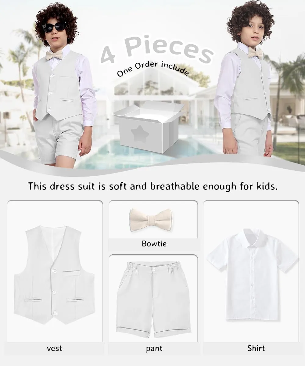 Boys Formal Linen Suit 4 Pieces Shirt,Vest, Pants and Tie Dresswear Suit Set