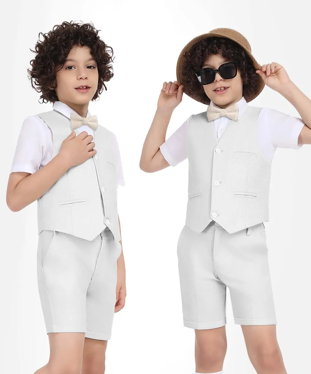 Boys Formal Linen Suit 4 Pieces Shirt,Vest, Pants and Tie Dresswear Suit Set