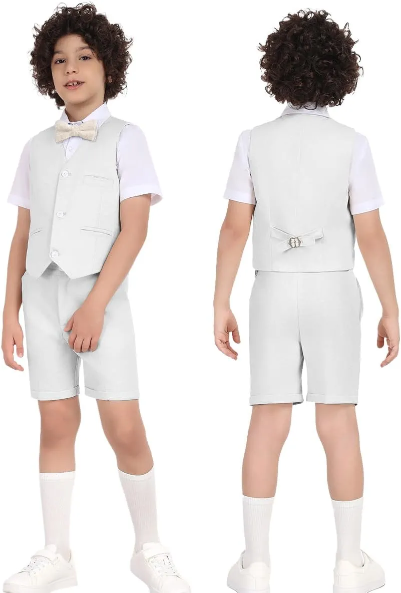 Boys Formal Linen Suit 4 Pieces Shirt,Vest, Pants and Tie Dresswear Suit Set