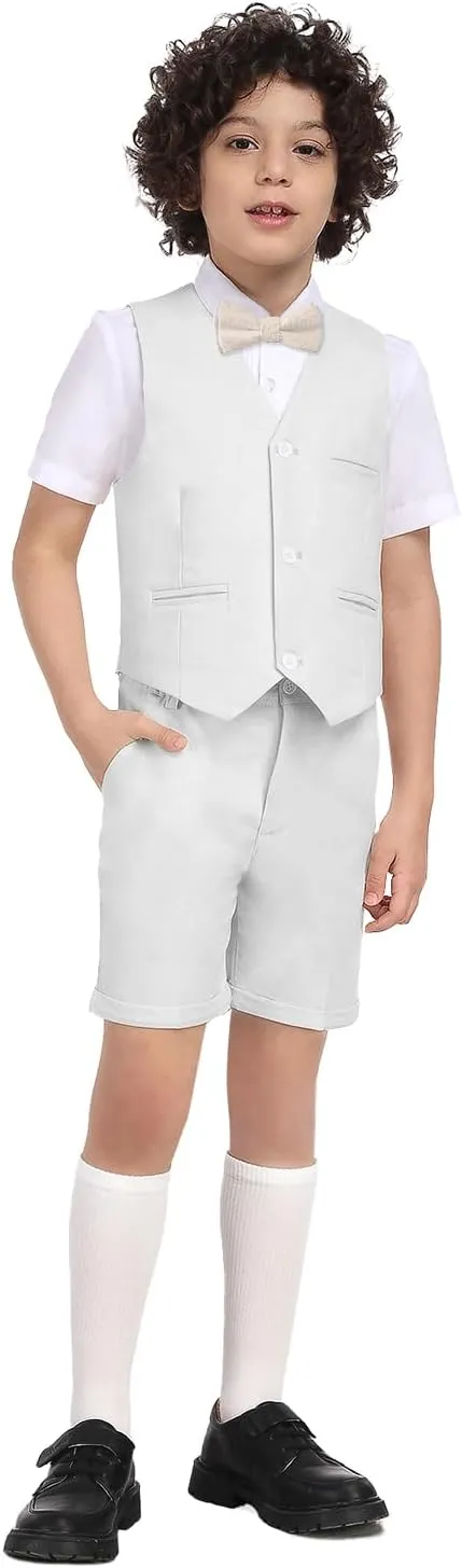 Boys Formal Linen Suit 4 Pieces Shirt,Vest, Pants and Tie Dresswear Suit Set