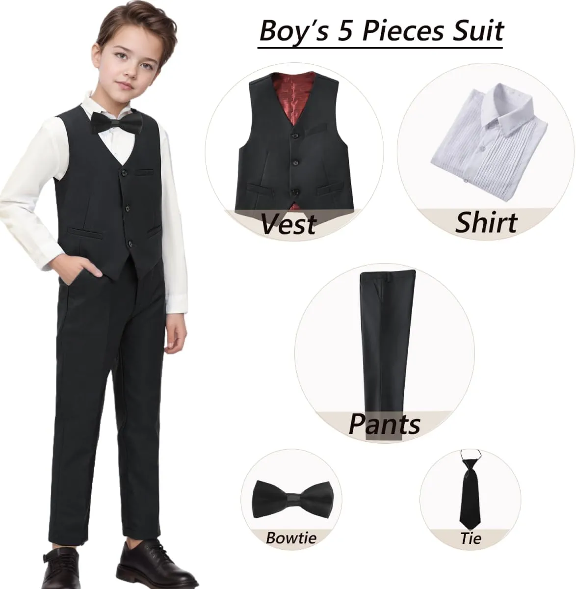 Boy's Suit Slim Fit 5 Piece Formal Prom Teen Suits Tuxedo Wedding Set Toddler Boy Dress with Vest Shirt Pant Tie for Kid Boys