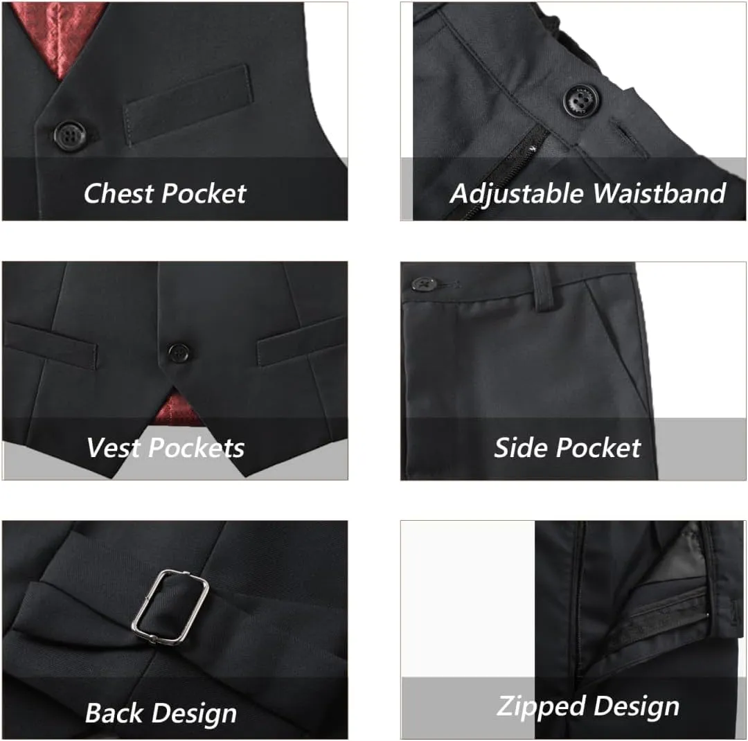 Boy's Suit Slim Fit 5 Piece Formal Prom Teen Suits Tuxedo Wedding Set Toddler Boy Dress with Vest Shirt Pant Tie for Kid Boys