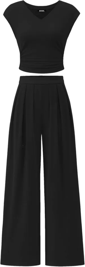 BTFBM Women's 2 Piece Outfits 2025 Summer V Neck Cap Sleeve Ruched Top and Wide Leg Pants Rib Knit Lounge Matching Sets