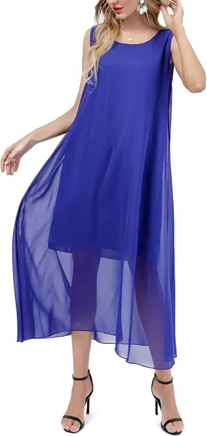 Bulotus Womens Sleeveless Loose Plain Midi Dress Summer Chiffon Flowy Swing Dresses