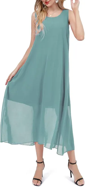 Bulotus Womens Sleeveless Loose Plain Midi Dress Summer Chiffon Flowy Swing Dresses