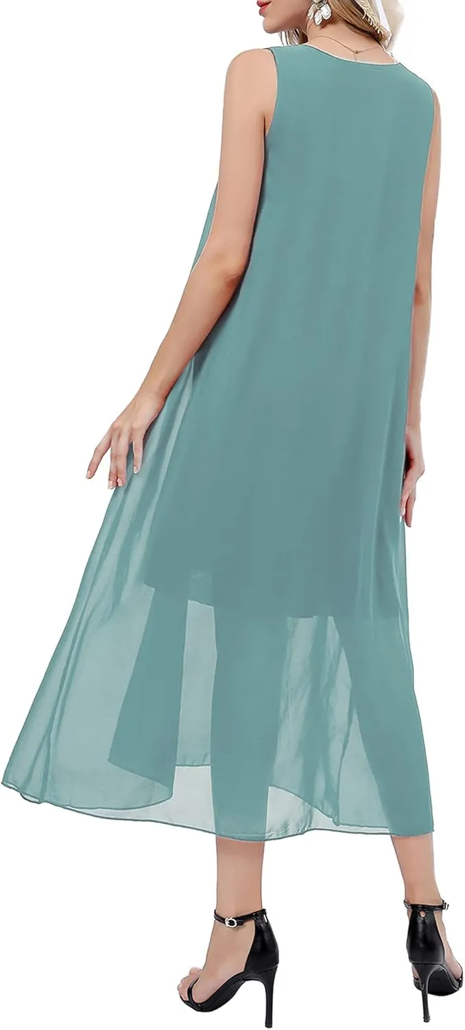 Bulotus Womens Sleeveless Loose Plain Midi Dress Summer Chiffon Flowy Swing Dresses