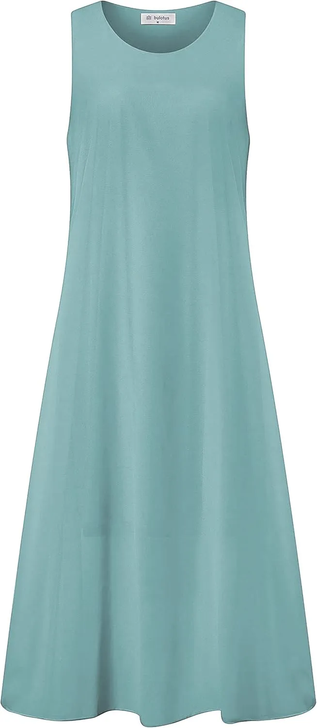 Bulotus Womens Sleeveless Loose Plain Midi Dress Summer Chiffon Flowy Swing Dresses