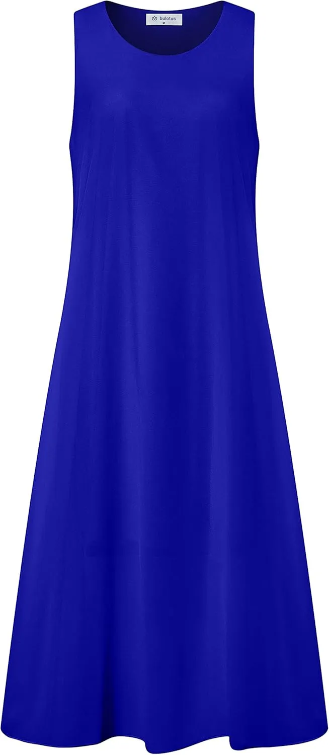 Bulotus Womens Sleeveless Loose Plain Midi Dress Summer Chiffon Flowy Swing Dresses