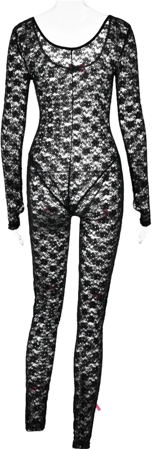 CALEBGAR Lace Jumpsuit for Women Sexy Mesh Bow long Sleeve Bodycon One Piece Jumpsuits Summer Outfits Clubwear