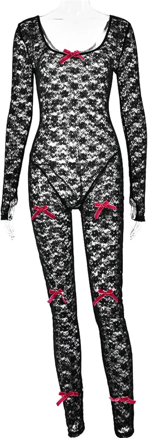 CALEBGAR Lace Jumpsuit for Women Sexy Mesh Bow long Sleeve Bodycon One Piece Jumpsuits Summer Outfits Clubwear