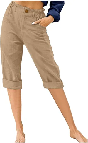 Capris for Women 2024 Trendy Summer High Waist Cotton Linen Capri Pants Dressy Casual Cropped Lounge Trousers