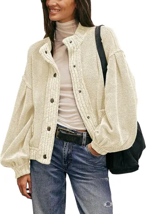 Cardigan Jacket for Women Loose Fit Ribbed Knit Trim Casual Jacket Shacket with Pockets(0588-Beige-M)