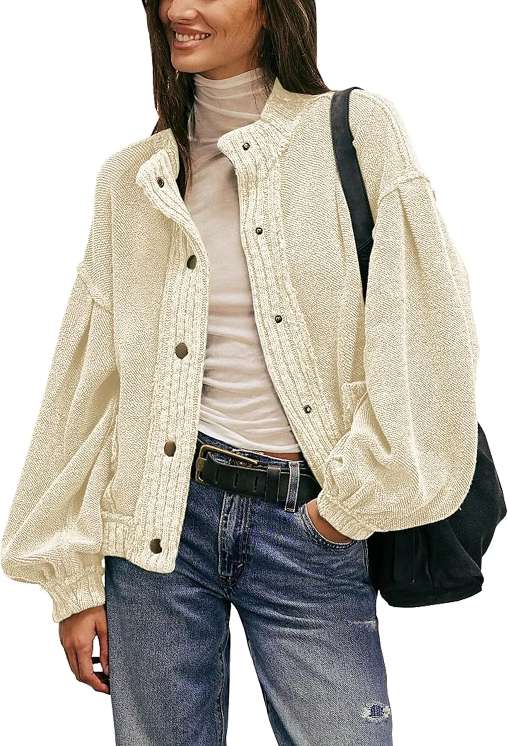 Cardigan Jacket for Women Loose Fit Ribbed Knit Trim Casual Jacket Shacket with Pockets(0588-Beige-M)