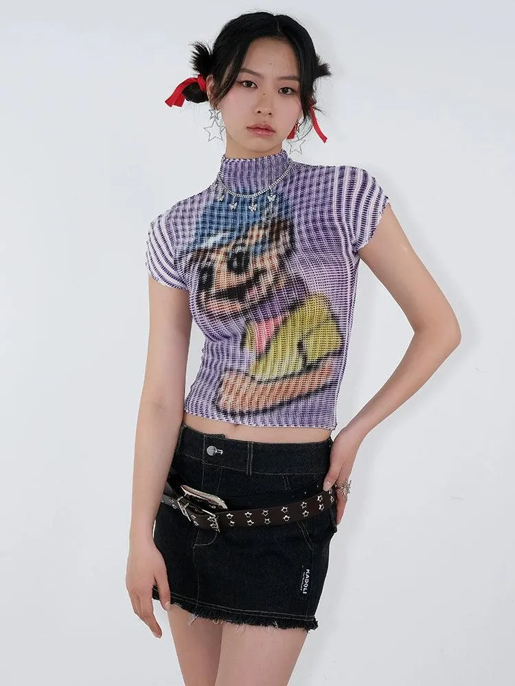 Cartoon Dog Print Ribbed Crop Top