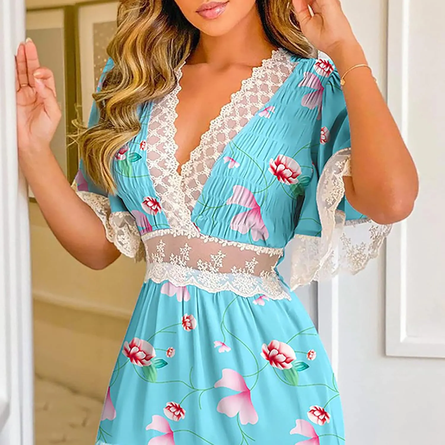 Ceboyel Womens Boho Floral Summer Dress Lace Trim Casual Beach Dresses V Neck Ruffle Swing Short Dress Ladies Clothes 2023